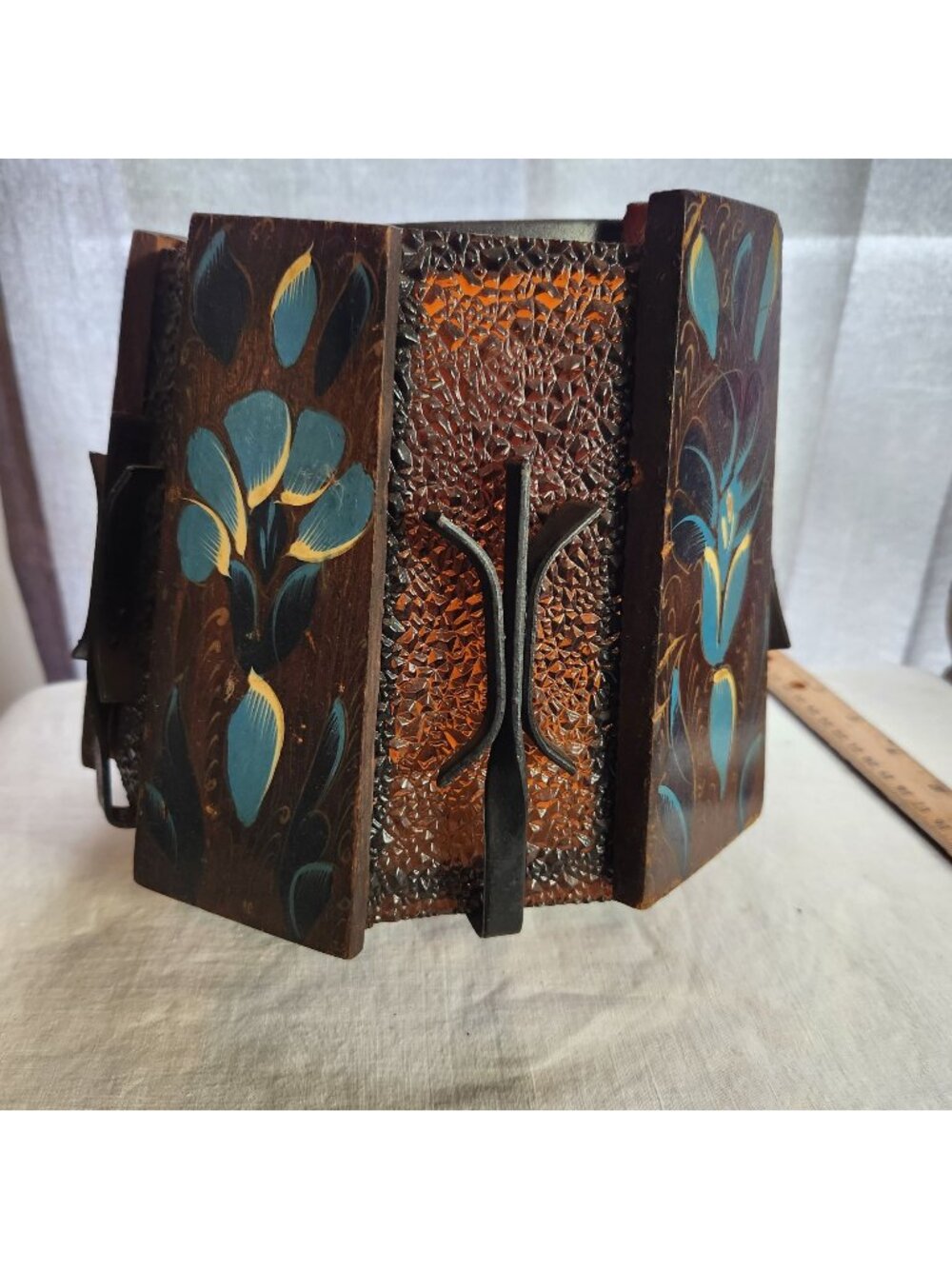 Mexican Hand-Painted Folk Art Mid-Century Brutalist Wooden & Iron Lamp Shade 7.5